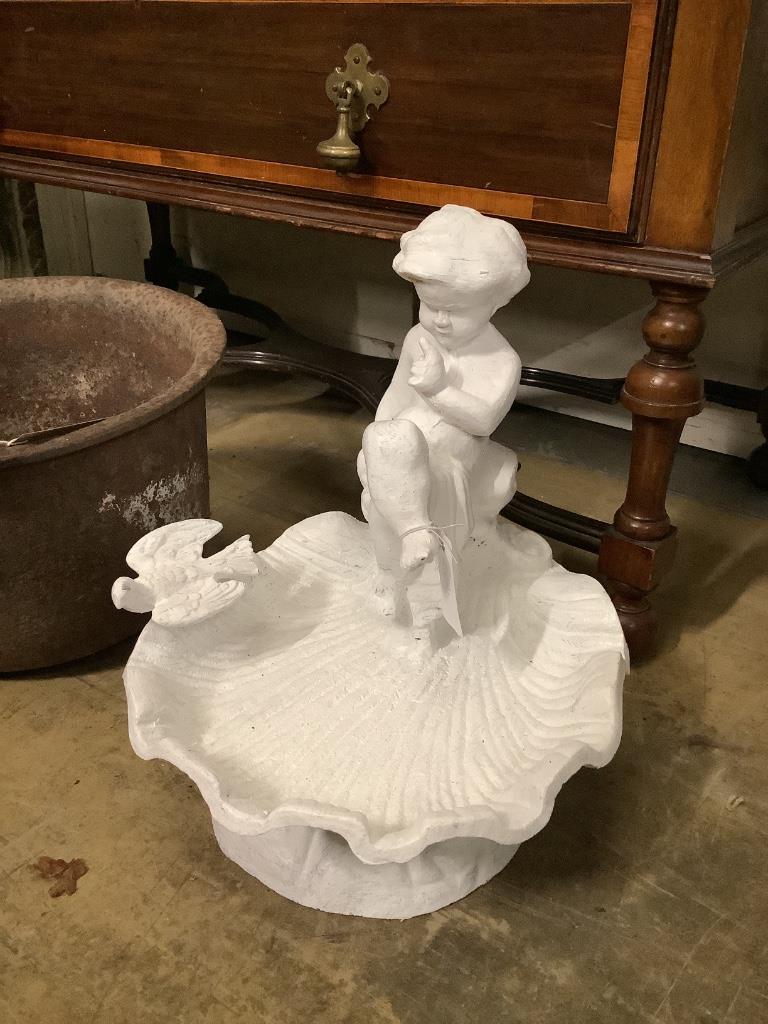 A painted cast iron scallop shell bird bath, height 38cm